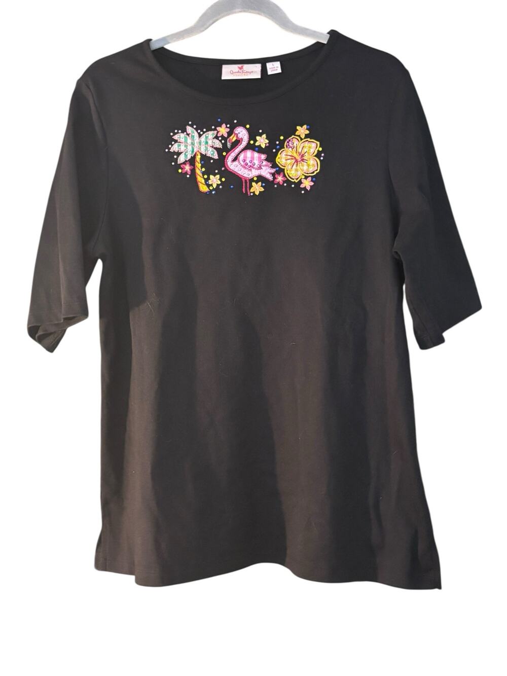 Quacker Factory Beachy T-Shirt Black L Cotton Blend Palm Tree Flamingo Sequins